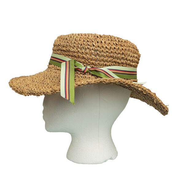 Vintage Boho 70s 80s Cottagecore Straw Sun Hat with Green Striped Ribbon - EUC main image 6